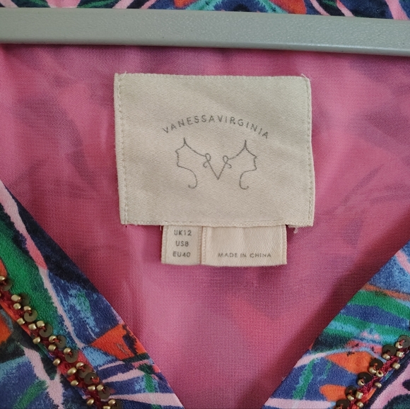 Anthropologie Vanessa Virginia Pink Tiered Boho Beaded Ruffle Mural Maxi Dress 8 - Picture 4 of 9